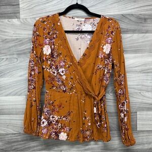 Maurices Wrap Blouse Women's S Mustard Yellow Floral Side Tie Waist Lace-Up Neck